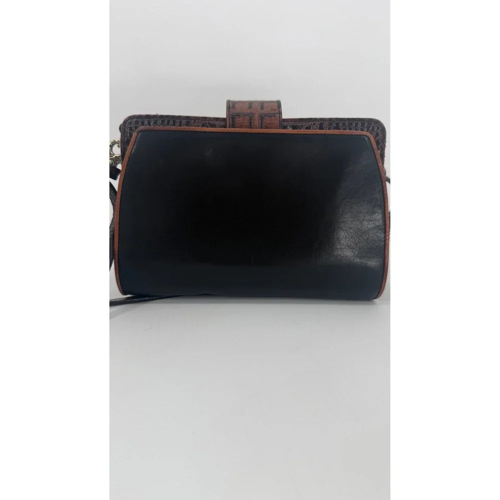 VTG Brahmin Croc Embossed Leather‎ Crossbody Bag Brown Black Suede Turnlock USA